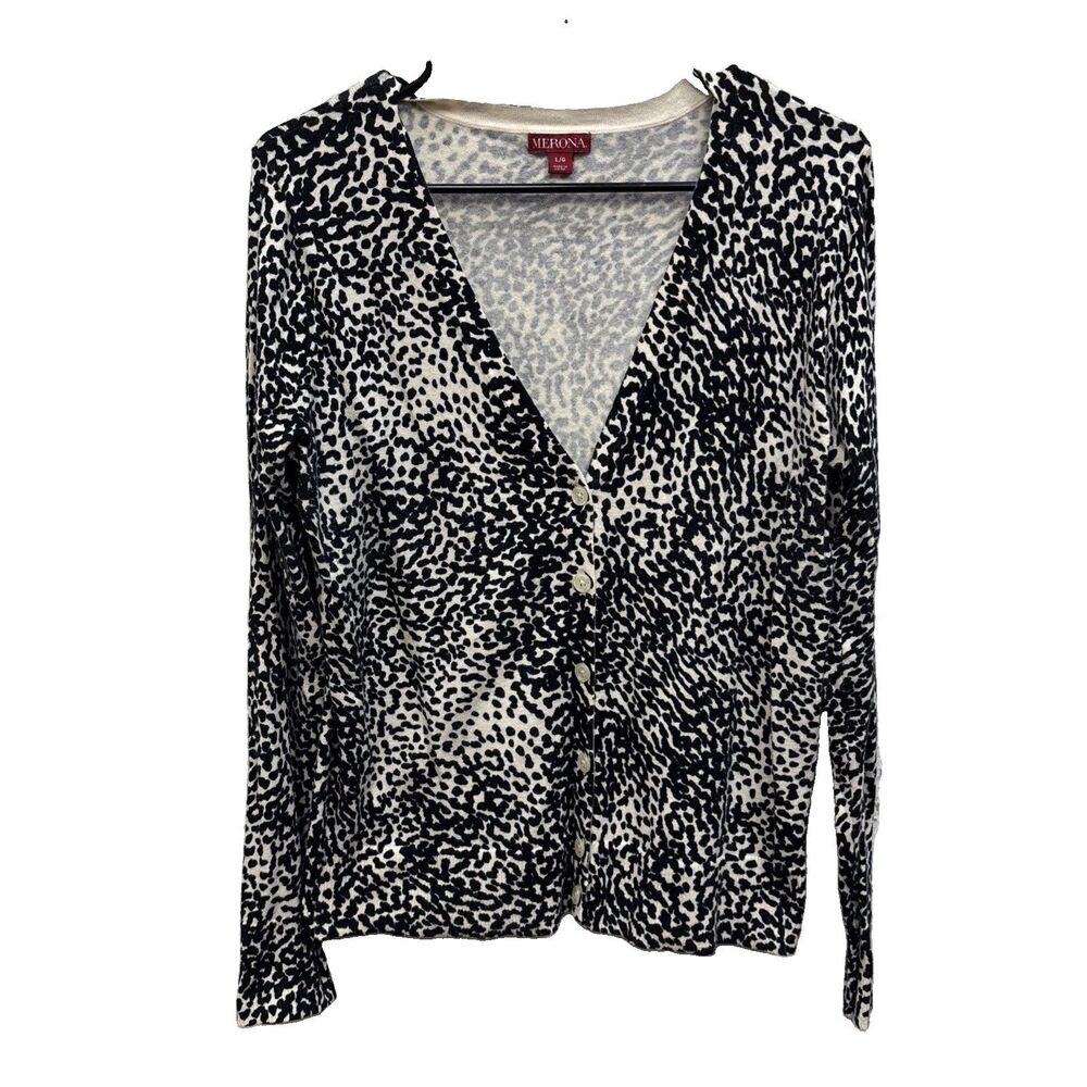 Merona Cardigan Sweater Top L Buttons Taupe Up Long Sleeve Animal Print Cotton